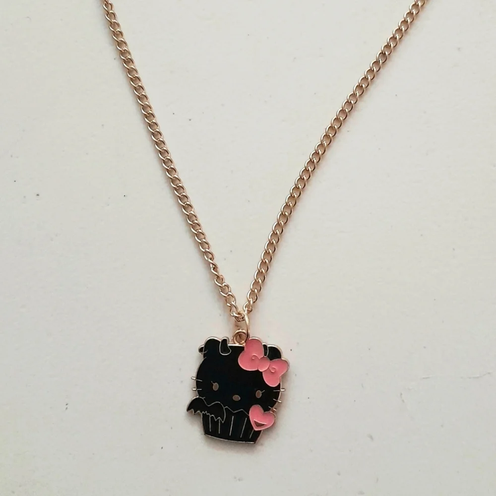 Black & Pink Enamel Kitty Necklace